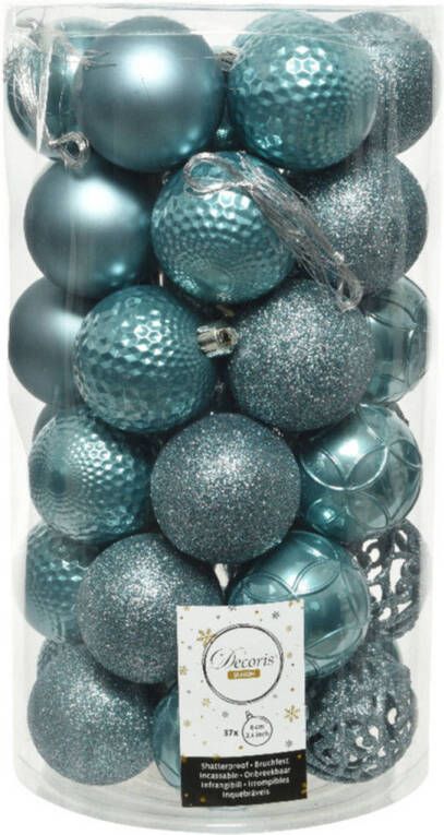 Bellatio Decorations Decoris 37x stuks kunststof kerstballen ijsblauw 6 cm mix Kerstbal