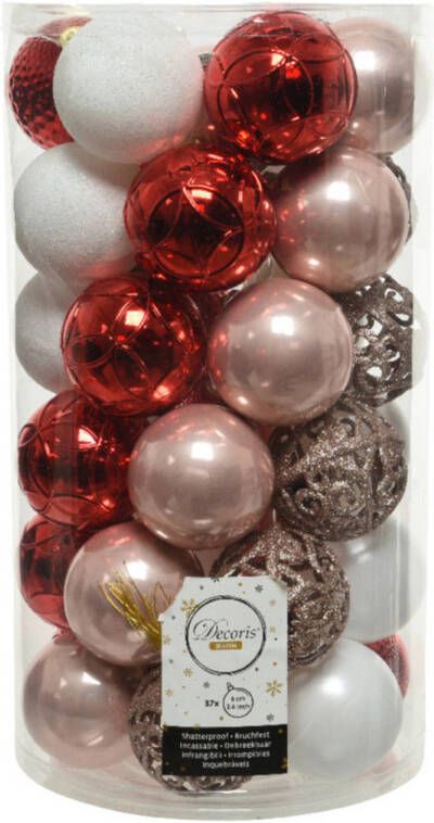 Decoris 37x stuks kunststof kerstballen lichtroze(blush) rood wit 6 cm mat glans glitter Kerstbal