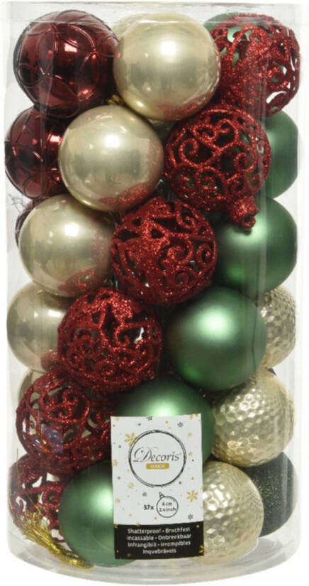Decoris 37x stuks kunststof kerstballen parel rood donkergroen salie groen 6 cm Kerstbal