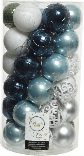 Decoris 37x stuks kunststof kerstballen wit groen zilver blauw mix 6 cm Kerstbal