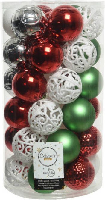 Decoris 37x stuks kunststof kerstballen wit rood groen zilver mix 6 cm Kerstbal