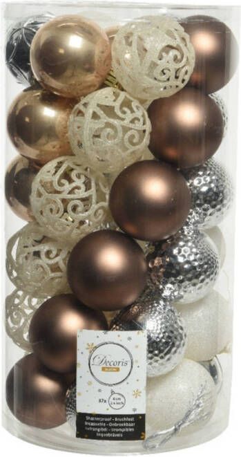 Decoris 37x stuks kunststof kerstballen wit zilver bruin mix 6 cm Kerstbal