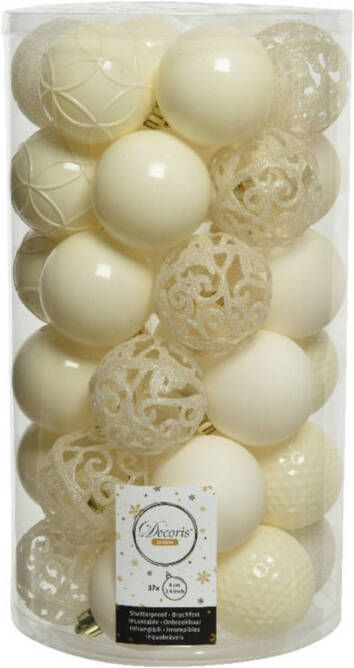 Decoris 37x stuks kunststof kerstballen wol wit 6 cm glans mat glitter mix Kerstbal