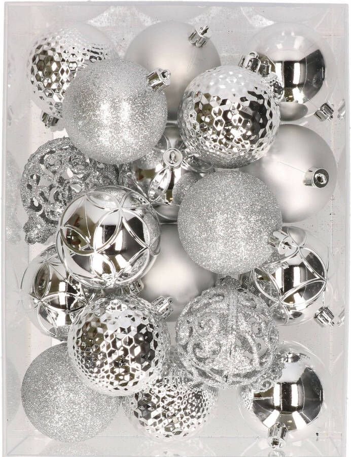 Decoris 37x stuks kunststof kerstballen zilver 6 cm inclusief kerstbalhaakjes Kerstbal