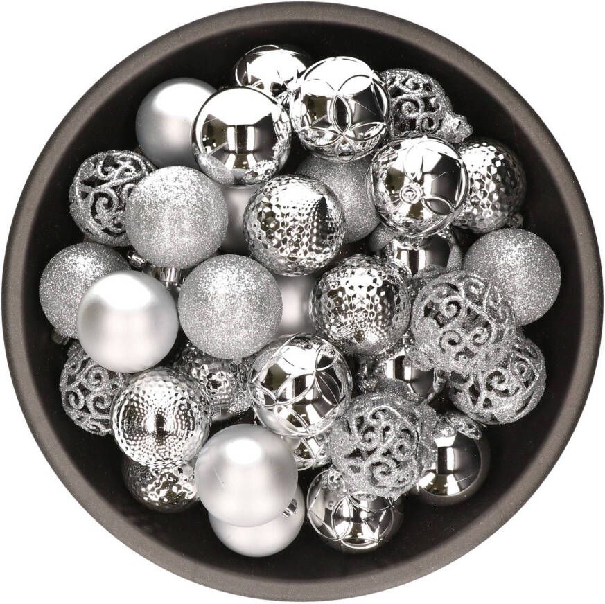 Decoris 37x stuks kunststof kerstballen zilver mix 6 cm Kerstbal