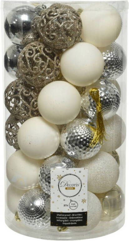 Decoris 37x stuks kunststof kerstballen zilver parel wit 6 cm mat glans glitter Kerstbal