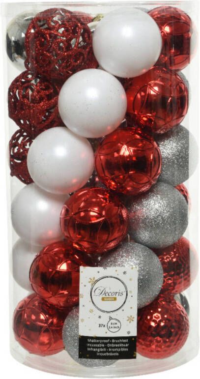 Decoris 37x stuks kunststof kerstballen zilver rood wit 6 cm mat glans glitter Kerstbal