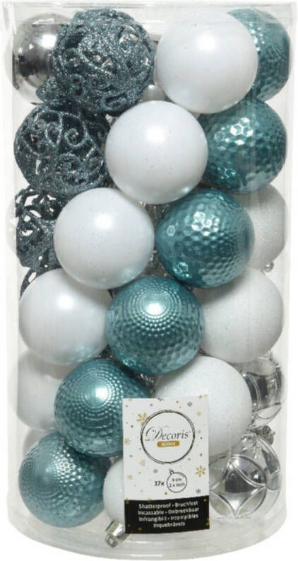 Decoris 37x stuks kunststof kerstballen zilver wit ijsblauw (blue dawn) 6 cm Kerstbal