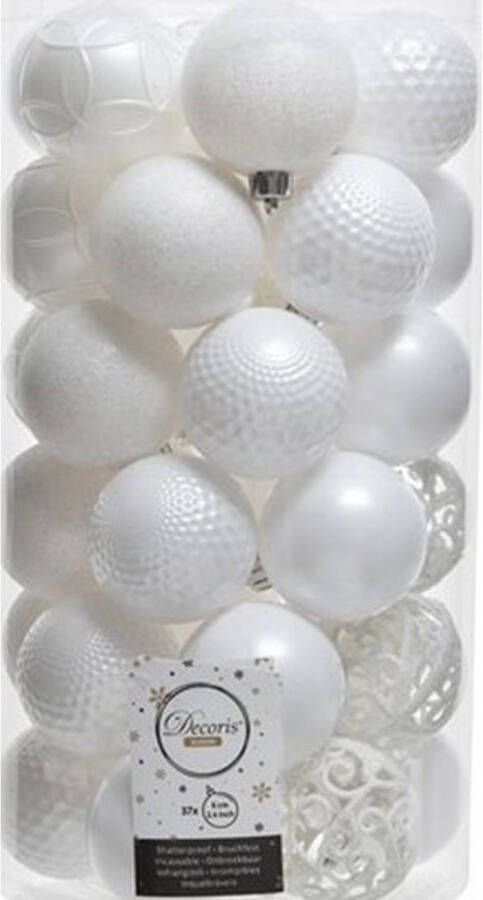 Decoris 37x Winter witte kunststof kerstballen 6 cm Mix Onbreekbare plastic kerstballen Kerstboomversiering winter wit