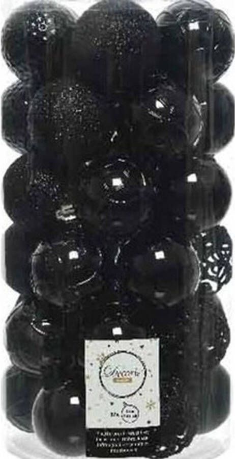 Decoris 37x Zwarte kunststof kerstballen 6 cm Mix Onbreekbare plastic kerstballen Kerstboomversiering zwart