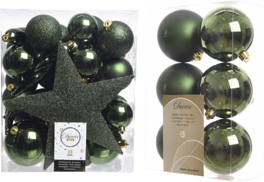 Decoris 39x stuks kunststof kerstballen met ster piek donkergroen mix Kerstbal