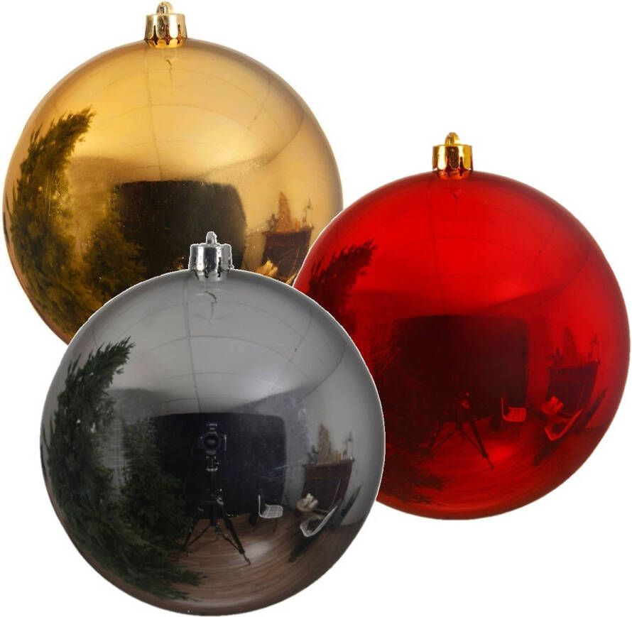 Decoris 3x Grote kerstballen rood goud en zilver van 25 cm glans van kunststof Kerstbal