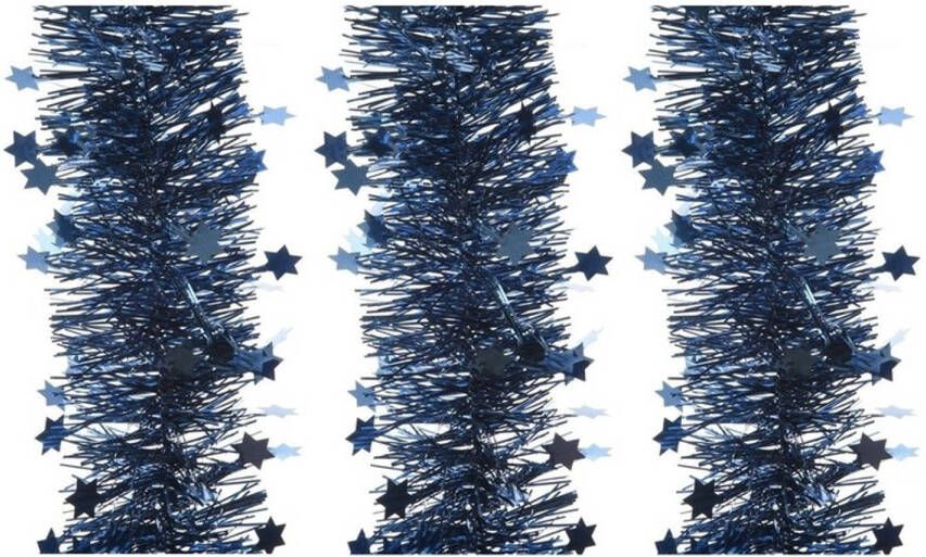 Decoris 3x Kerst lametta guirlande donkerblauw sterren glinsterend 10 x 270 cm kerstboom versiering decoratie Kerstslingers