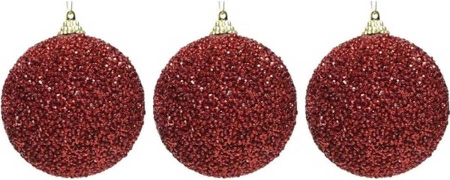 Decoris 3x Kerstballen kerst rode glitters 8 cm met kralen kunststof kerstboom versiering decoratie Kerstbal