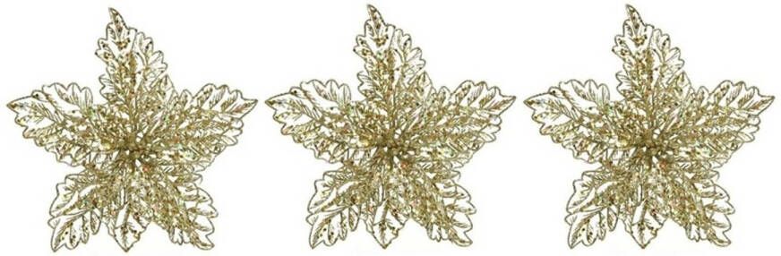 Decoris 3x Kerstversieringen glitter kerstster goud op clip 23 x 10 cm Kersthangers