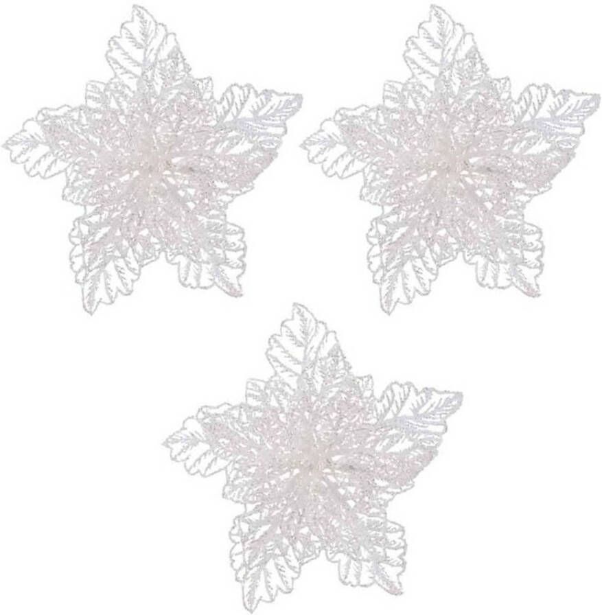Decoris 3x Kerstversieringen glitter kerstster wit op clip 23 x 8 cm Kersthangers