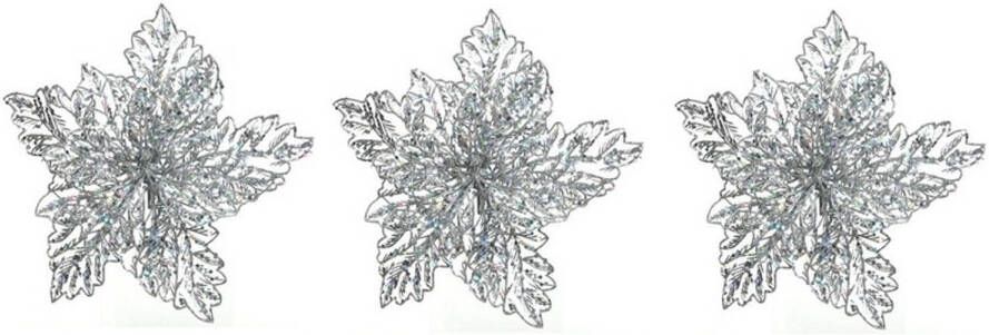 Decoris 3x Kerstversieringen glitter kerstster zilver op clip 23 x 10 cm Kersthangers