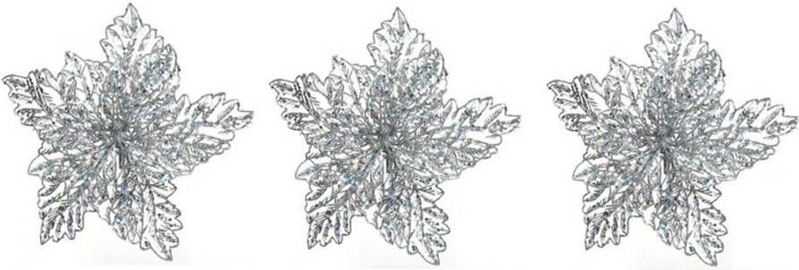 Decoris 3x Kerstversieringen glitter kerstster zilver op clip 23 x 10 cm Kersthangers