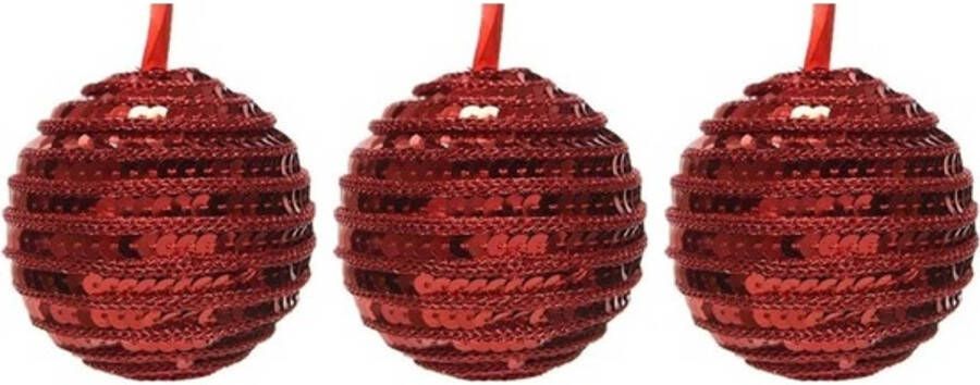 Decoris 3x Kunststof kerstballen kerst rood 8 cm pailletten kerstboom versiering decoratie Kerstbal