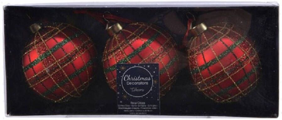 Decoris 3x Rode glazen kerstballen ruit glitters 8 cm Kerstbal