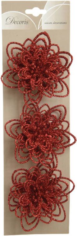 Decoris 3x stuks decoratie bloemen rood glitter op clip 11 cm Kersthangers