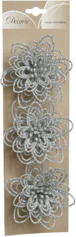 Decoris 3x stuks decoratie bloemen zilver glitter op clip 11 cm Kersthangers