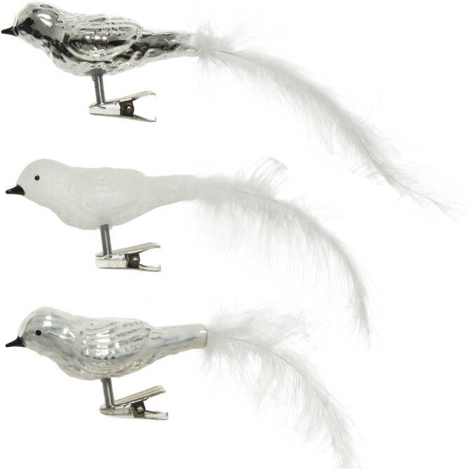 Decoris 3x stuks glazen decoratie vogels op clip wit zilver 8 cm Kersthangers