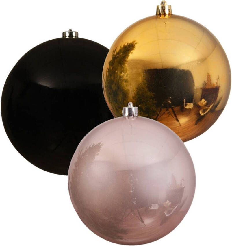 Decoris 3x stuks grote kerstballen van 20 cm glans van kunststof goud zwart en roze Kerstbal
