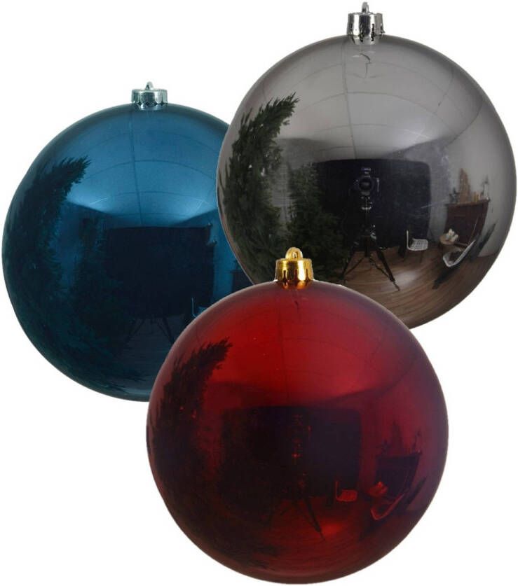 Decoris 3x stuks grote kerstballen van 20 cm glans van kunststof zilver blauw en rood Kerstbal
