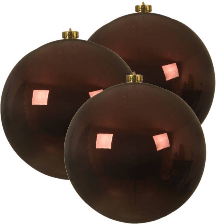 Decoris 3x stuks grote kunststof kerstballen mahonie bruin 14 cm glans Kerstbal
