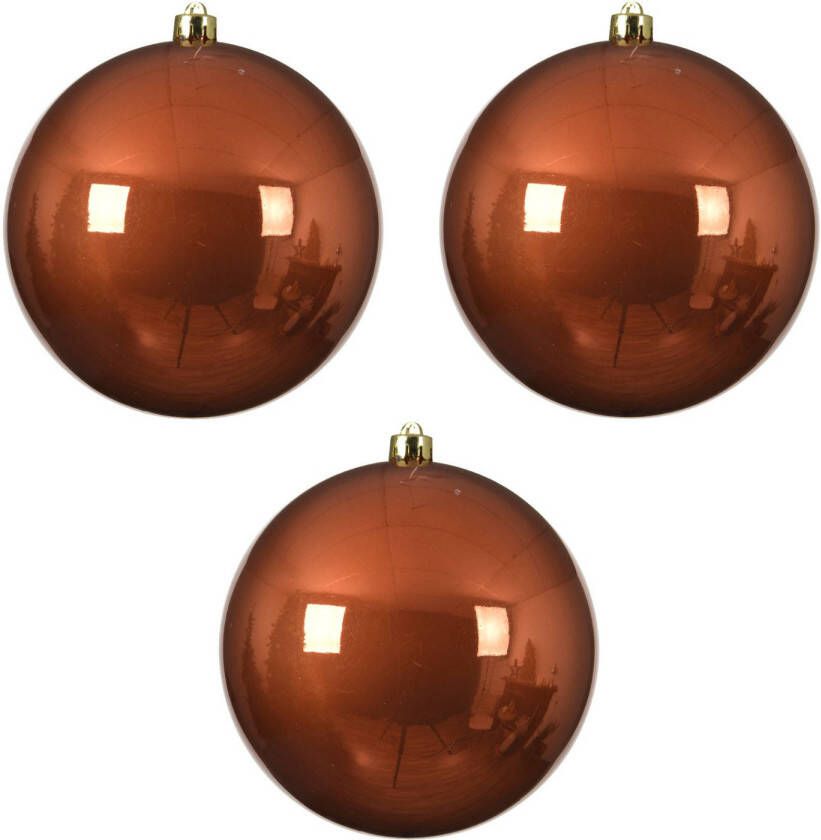 Decoris 3x stuks grote kunststof kerstballen terra bruin 14 cm glans Kerstbal