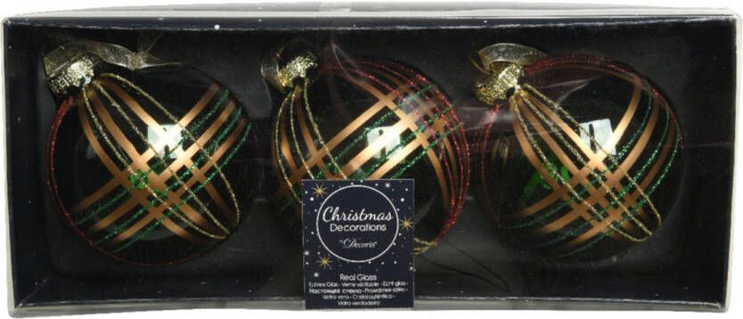 Decoris 3x stuks luxe glazen kerstballen brass gedecoreerd groen 8 cm Kerstbal