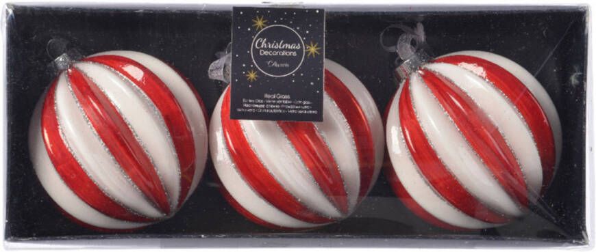Decoris 12x stuks luxe glazen kerstballen brass rood wit gestreept met glitter 8 cm Kerstbal
