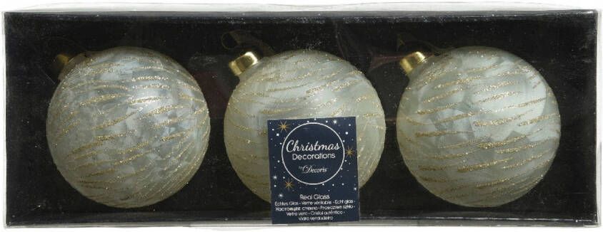 Decoris 3x stuks luxe glazen kerstballen brass wit met goud 8 cm Kerstbal