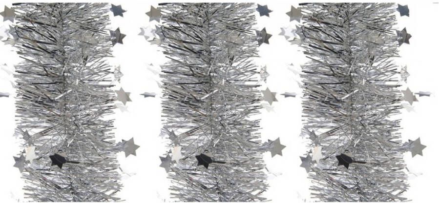 Decoris 3x Kerst lametta guirlande zilveren sterren glinsterend 10 x 270 cm kerstboom versiering decoratie Kerstslingers