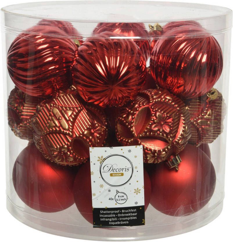 Decoris 40x stuks luxe kunststof kerstballen rood mix 8 cm Kerstbal