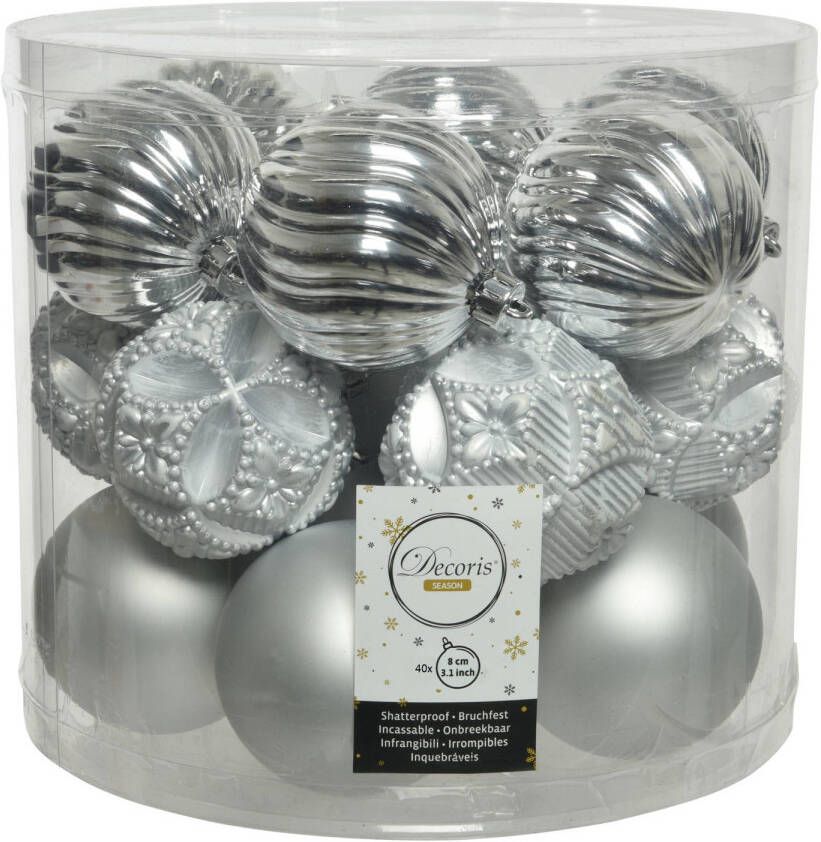 Decoris 40x stuks luxe kunststof kerstballen zilver mix 8 cm Kerstbal