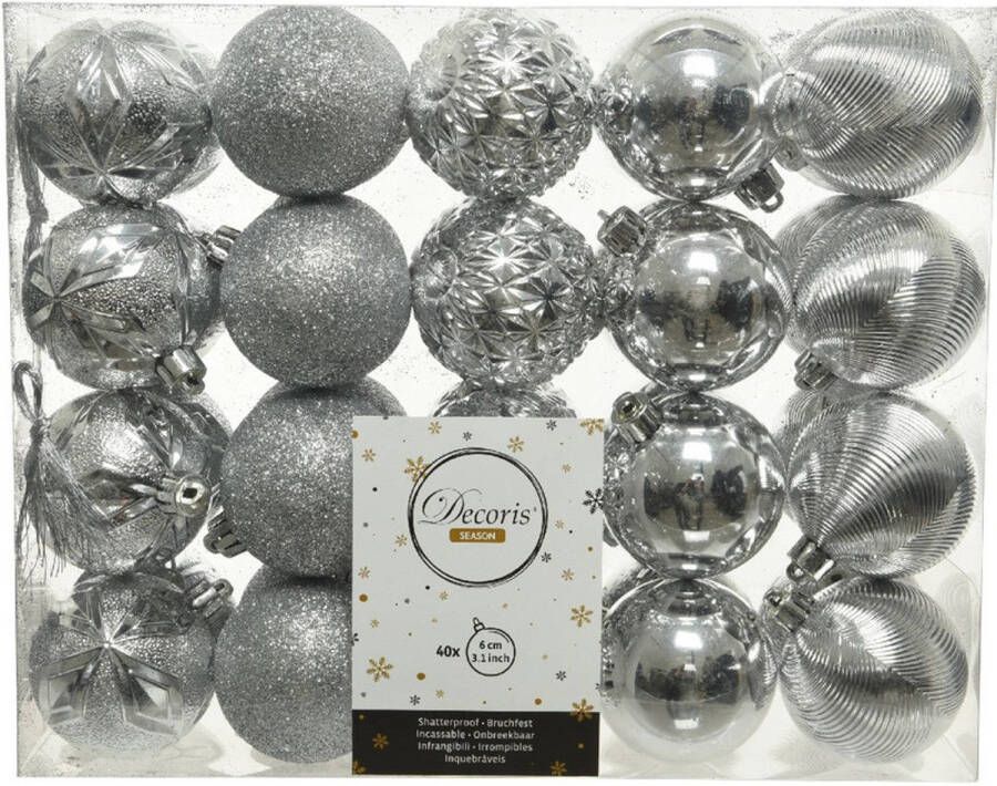 Decoris 40x Kunststof kerstballen mix zilver 6 cm kerstboom versiering decoratie Kerstbal