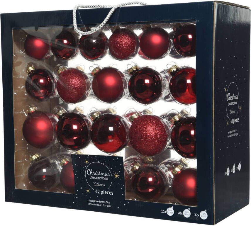 Decoris 42x Glazen kerstballen glans mat glitter donkerrood 5-6-7 cm kerstboom versiering decoratie Kerstbal