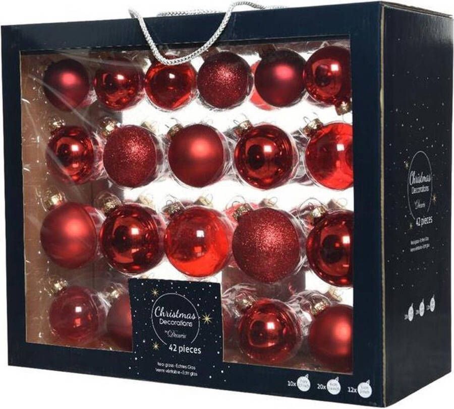 Decoris 42x Glazen kerstballen glans mat glitter kerst rood 5-6-7 cm kerstboom versiering decoratie Kerstbal