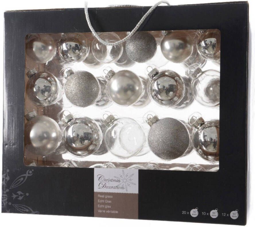 Decoris 42x Glazen kerstballen glans mat glitter zilver 5-6-7 cm kerstboom versiering decoratie Kerstbal