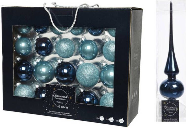 Decoris 42x stuks glazen kerstballen ijsblauw (blue dawn) donkerblauw 5-6-7 cm inclusief donkerblauwe piek Kerstbal