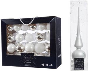 Decoris 42x Stuks Glazen Kerstballen Wit zilver 5-6-7 Cm Inclusief Witte Piek Kerstbal