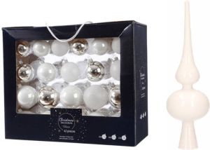 Decoris 42x Stuks Glazen Kerstballen Wit zilver 5-6-7 Cm Inclusief Witte Piek Kerstbal