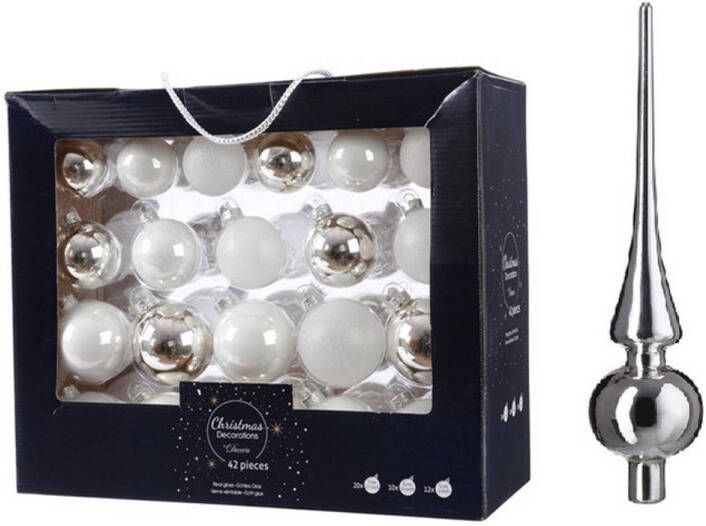 Decoris 42x stuks glazen kerstballen wit zilver 5-6-7 cm inclusief zilveren piek Kerstbal