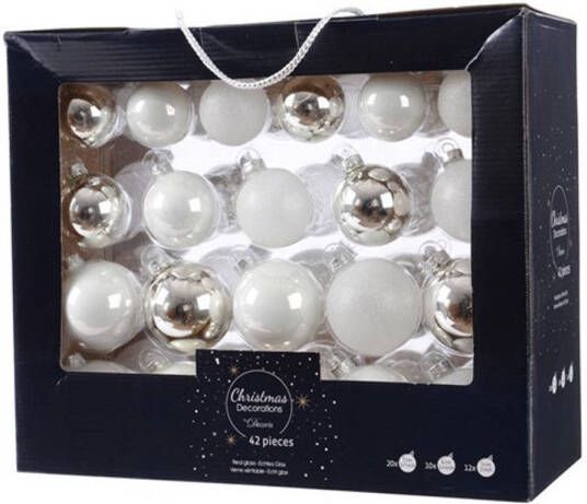 Decoris 42x stuks glazen kerstballen wit zilver 5-6-7 cm Kerstbal