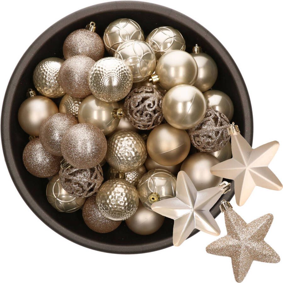 Decoris 43x stuks kunststof kerstballen en sterren ornamenten champagne Kerstbal