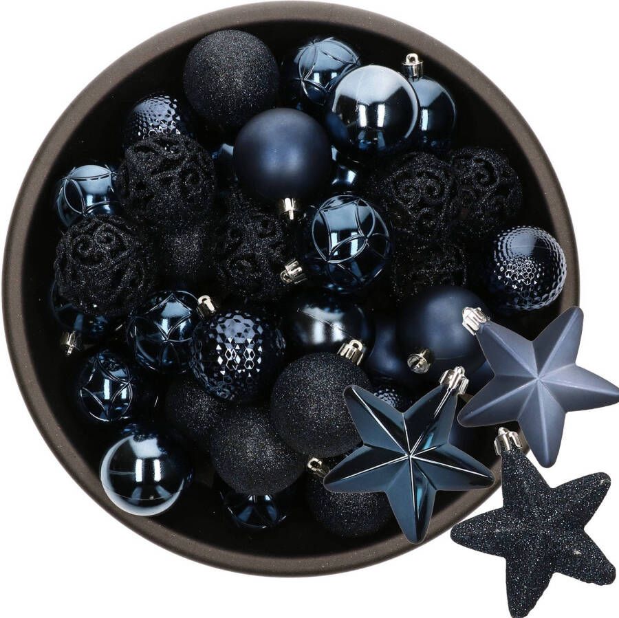 Decoris 43x stuks kunststof kerstballen en sterren ornamenten donkerblauw Kerstbal