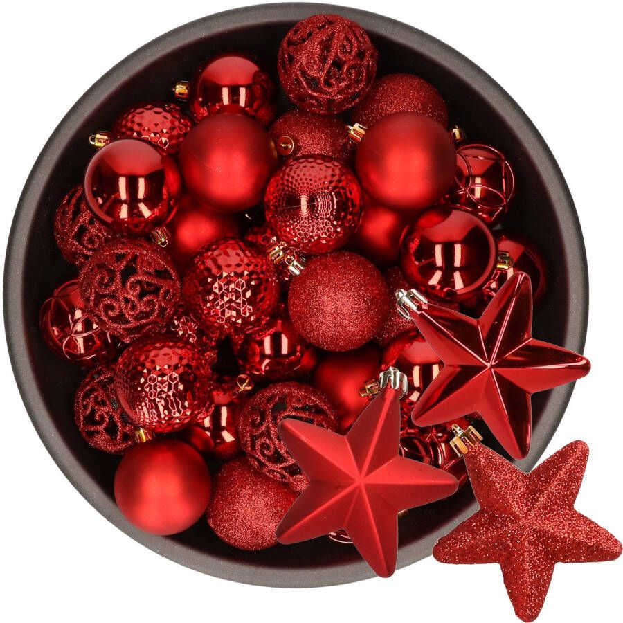 Decoris 43x stuks kunststof kerstballen en sterren ornamenten rood Kerstbal