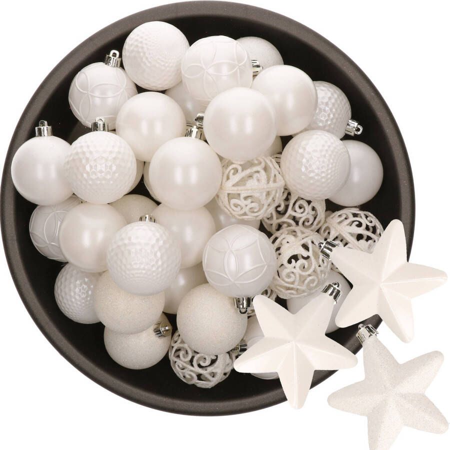 Decoris 43x stuks kunststof kerstballen en sterren ornamenten wit Kerstbal